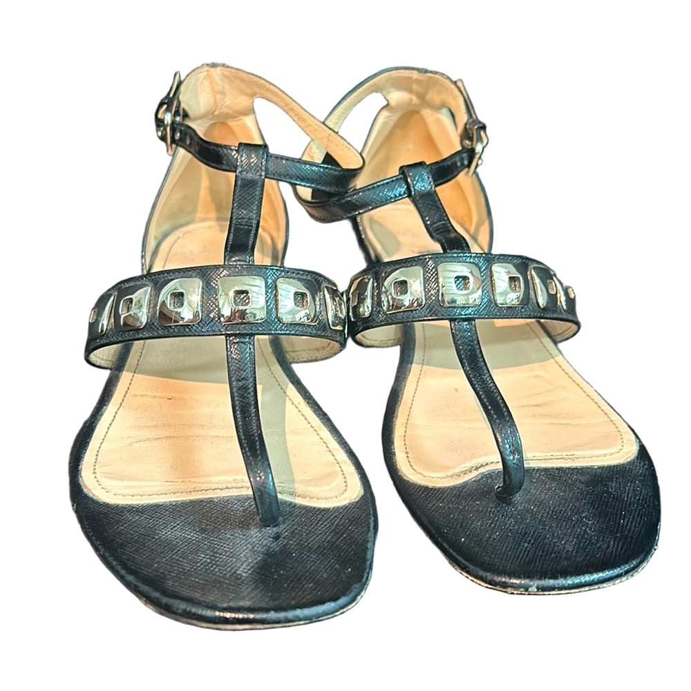 Prada Black Leather T-Strap Sandals with Silver Studs